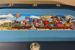 poker table custom cloth with the atlantic city icons printed on the table.