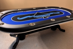 Custom home game poker table with blue custom cloth, custom led light diffuser and led lights.