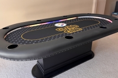 Pittsburgh Steelers custom poker table, Steelers logos with led lights, black rail and black powder coated cup holders.