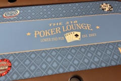 Blue & brown custom printed gaming cloth for home poker league with the league logo in the middle of the table