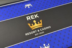 custom printed poker table gaming cloth, blue and black featuring the customers personal logo.