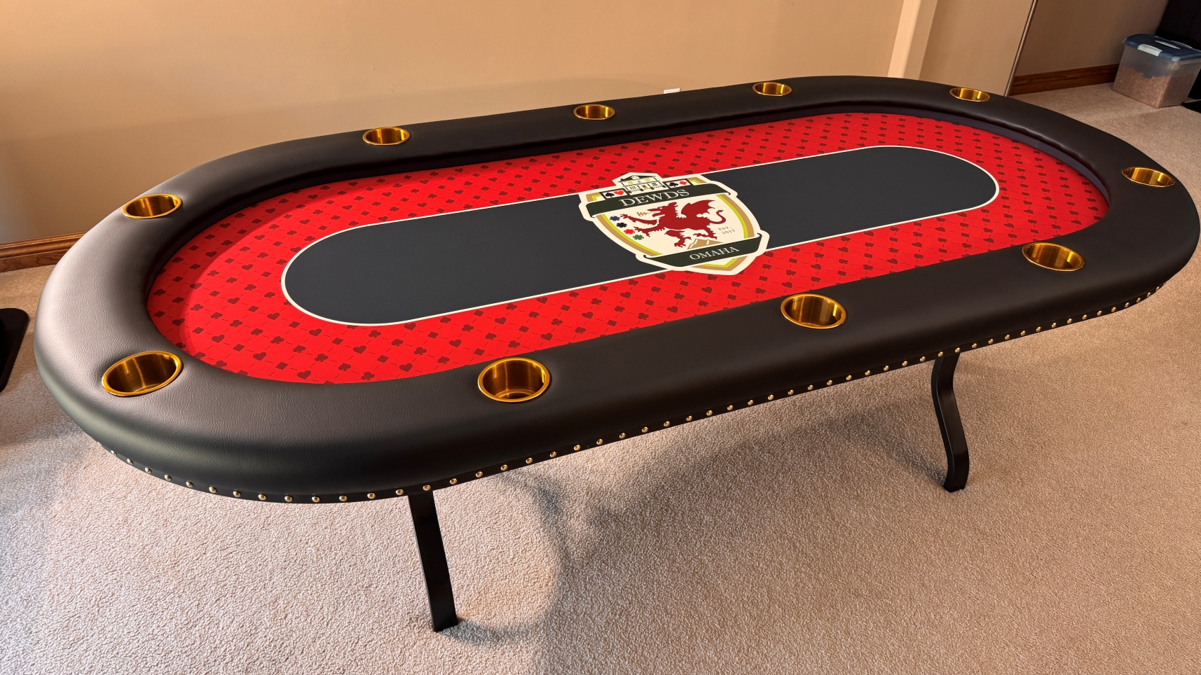 Omaha custom poker table Red & black custom poker table for omaha poker league