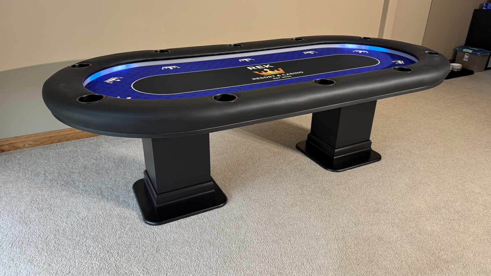 rek casino poker table black & blue custom poker table with rek casino theme